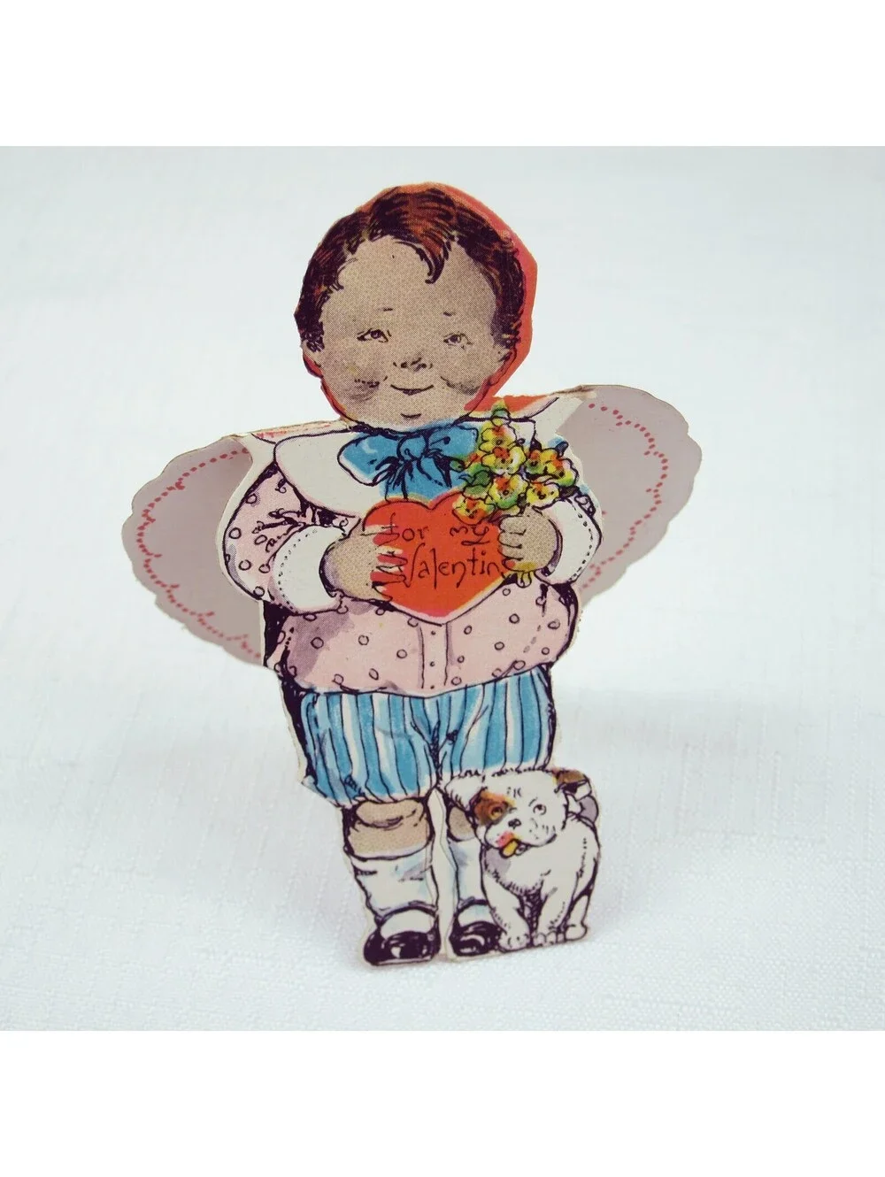 Vintage Valentine Cutout Card Stand Up Boy w/ Flowers & Dog 1920s-30s UNSIGNED